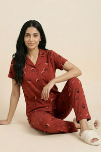 Zivame Farm Lore Knit Cotton Pyjama Set - Burnt Brick — thumbnail 4